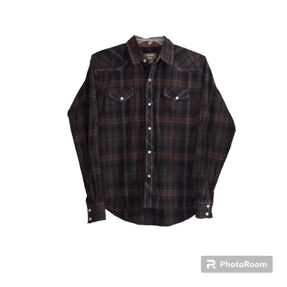 Cowboy Legend Brown Black Plaid Pearl Snap Button Rodeo Boys Western Shirt XL